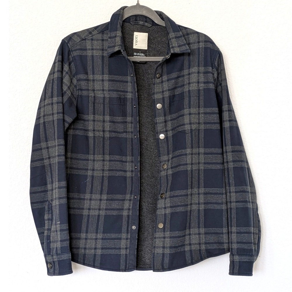 Vuori Range Shirt Jacket Plaid Fleece Lined Mens S Navy Grey Snap Front Shacket